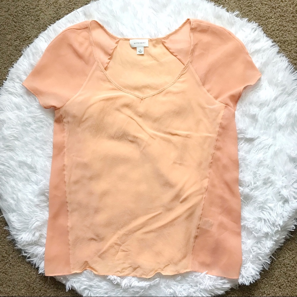 Witchery Peach Silk Medium Short Sleeve Sheer Blouse